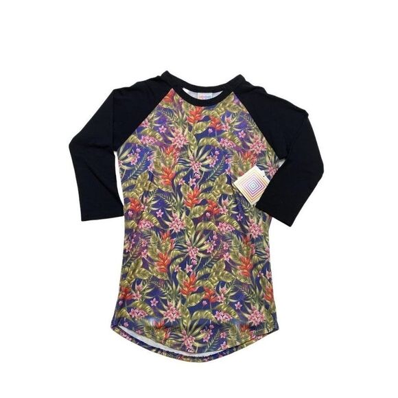 LuLaRoe Randy Raglan Sleeve Black Floral Tropical Shirt‎ Top XXS New - Picture 1 of 7
